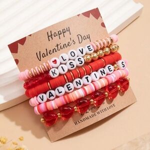 NEW! Trendy Valentine’s Bracelet Set – 6 Pieces with Heart Beads